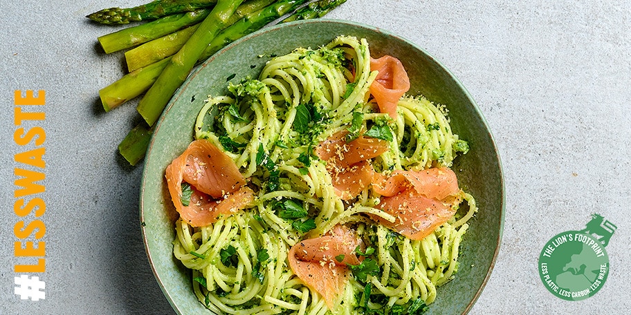 Spaghetti au pesto d’asperges vertes, citron et saumon fumé