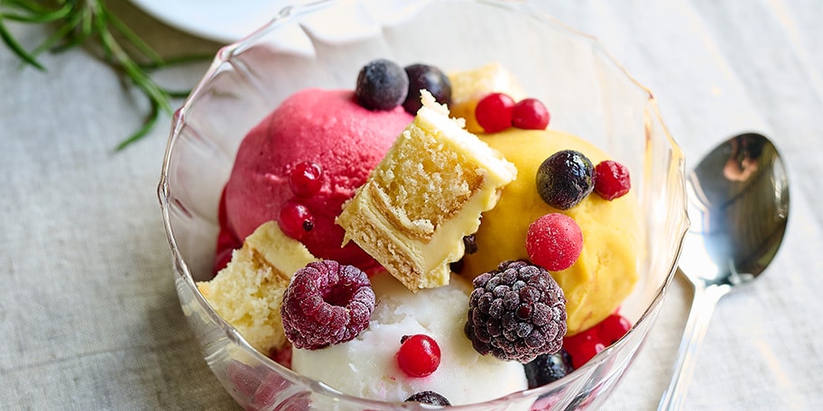 Sorbets aux fruits et dés de bûche de Noël