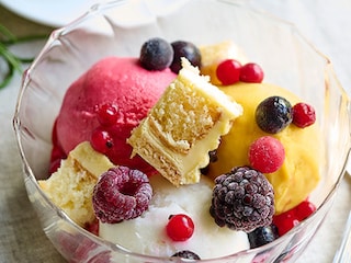 Sorbets aux fruits et dés de bûche de Noël