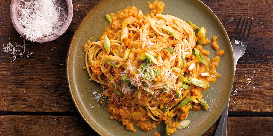 Spaghetti bolognese met rode linzen