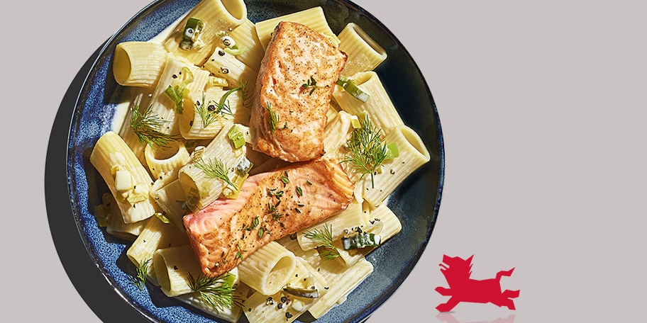 Rigatoni met prei en verse zalm