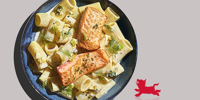 Rigatoni met prei en verse zalm