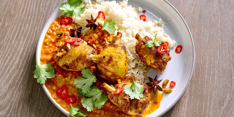 Dhal de lentilles au poulet rôti et épices indiennes