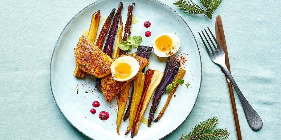 Butternutpannenkoekjes met gegrilde groenten en een zachtgekookt eitje