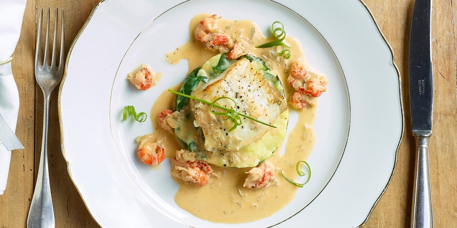 Tarbot met champagne en rivierkreeftjes, puree met spinazie en karnemelk