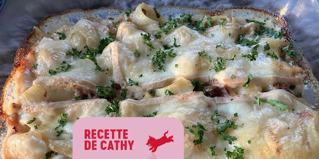 Rigatonis gratinés aux lardons et au fromage à raclette