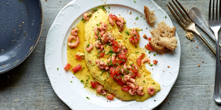 Omelette baveuse aux crevettes grises