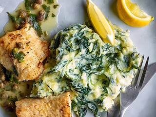 Piccata van zeewolf, stoemp met spinazie en ricotta