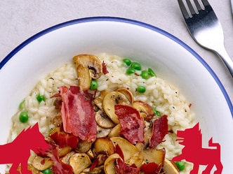 Gemakkelijke risotto met champignons en krokante spek
