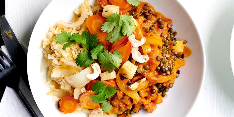 Curry de légumes et lentilles, riz sauté aux oignons et noix de cajou