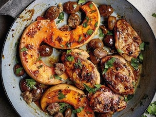 Patrijsfilets met honing, mosterd, kastanjes en pompoen