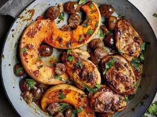 Patrijsfilets met honing, mosterd, kastanjes en pompoen
