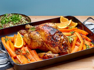 Poulet rôti aux carottes, à l’orange et au miel