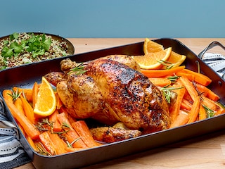 Poulet rôti aux carottes, à l’orange et au miel