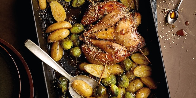 Fazant in crapaudine met gember, sesam en esdoornsiroop
