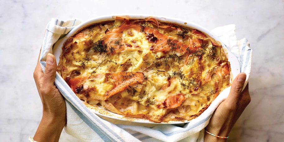 Lasagne met twee soorten zalm en prei