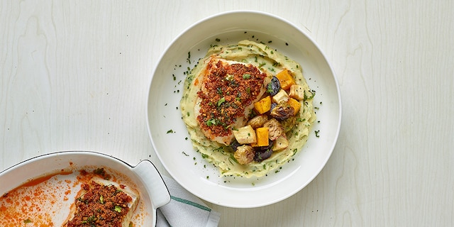 Skrei met chorizo-pistachecrumble en geroosterde groenten