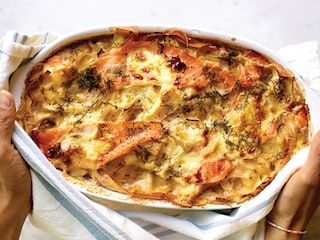 Lasagne met twee soorten zalm en prei