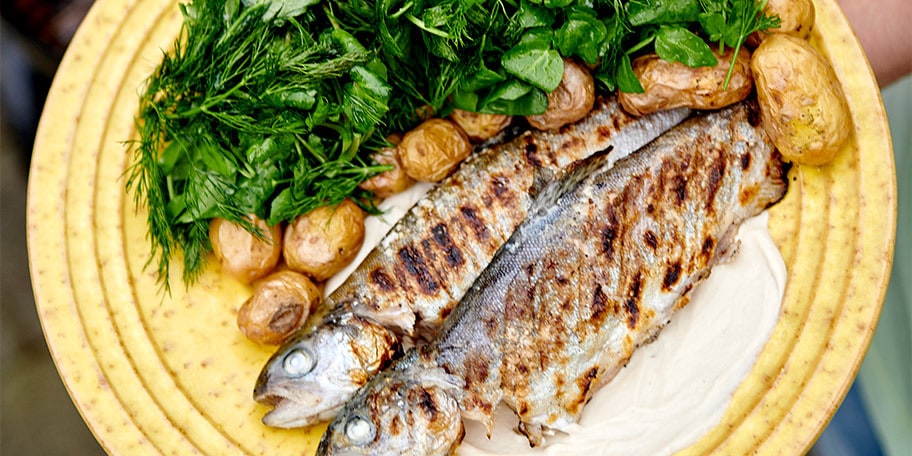 Truites et grenailles grillées, sauce au tahini et salade d’herbes