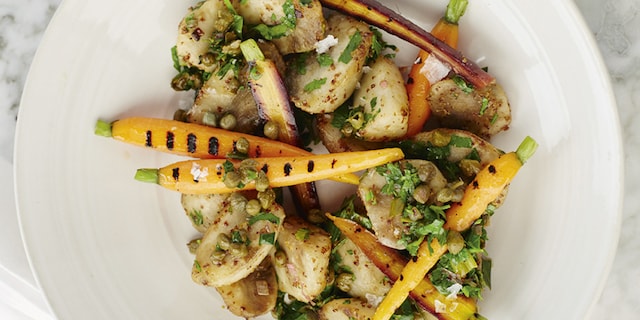 Topinambours avec carottes, moutarde à l’ancienne et estragon