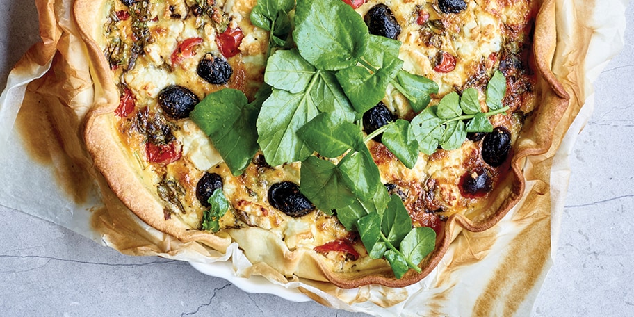 Quiche met waterkers, kerstomaten en feta