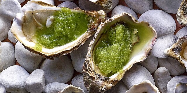 Oesters met granité van groene appel en basilicum