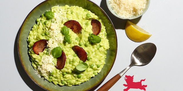 Risotto vert au salami, petits pois et mascarpone