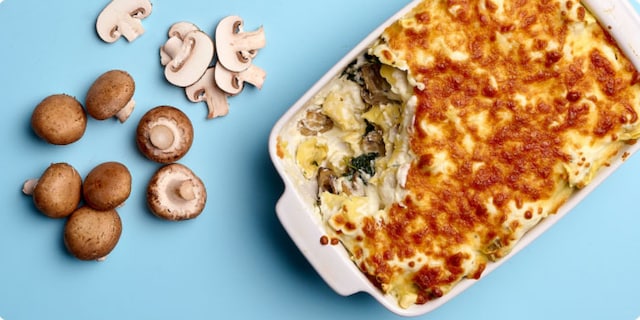 Pasticcio van tortellini met champignons en ricotta  