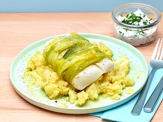 Skreirollades met prei en gepureerde aardappel