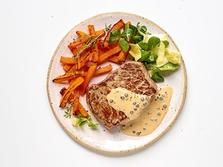 Chateaubriand, sauce au poivre vert express et frites de butternut