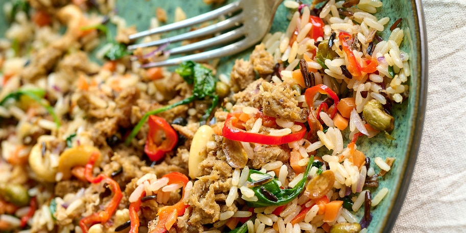 Riz sauté aux légumes et pulled seitan