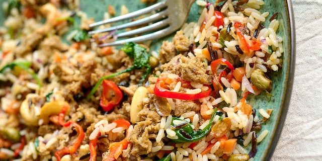 Riz sauté aux légumes et pulled seitan