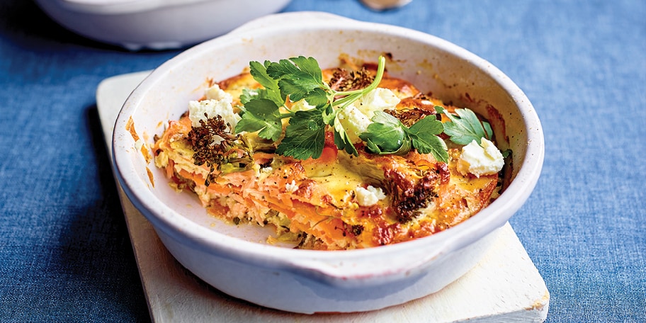 Gratin de légumes au chèvre et au saumon fumé