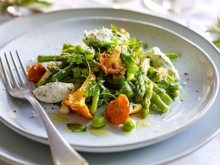 Fricassee van groene asperges, edamameboontjes en boschampignons met tuinkruidenroom