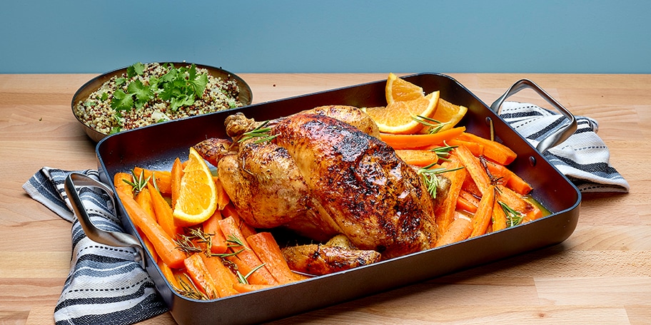 Poulet rôti aux carottes, à l’orange et au miel