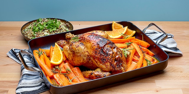 Poulet rôti aux carottes, à l’orange et au miel