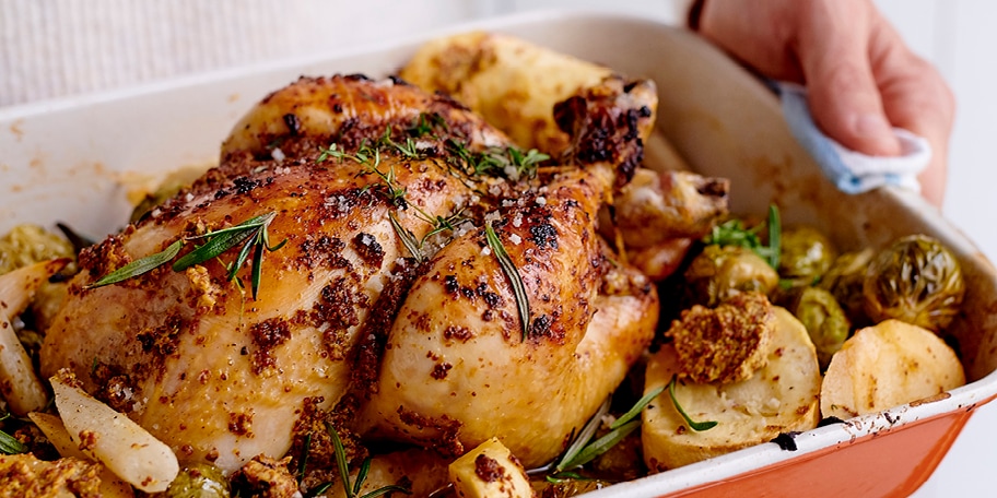 Poulet rôti aux légumes d'hiver et moutarde à l'ancienne