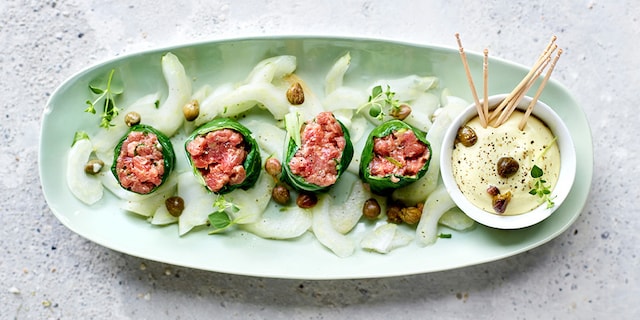 Paksoirolletjes met rundstartaar 