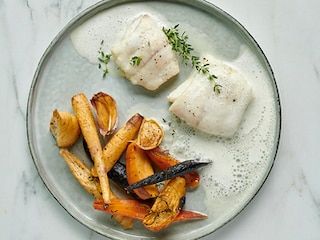 Filets de barbue et légumes rôtis, émulsion au parmesan