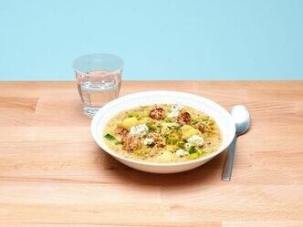 Soupe-repas aux poireaux, viande hachée et fromage frais