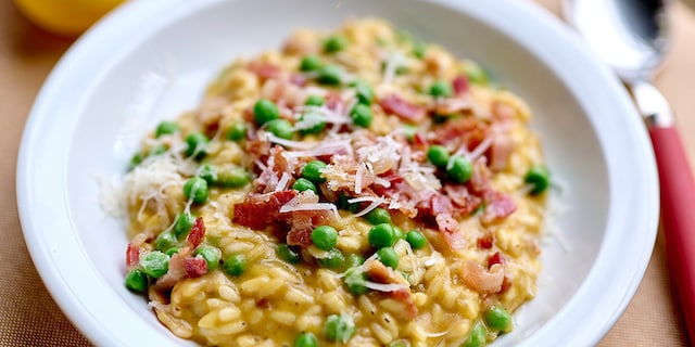 Risotto à la butternut, pancetta et petits pois