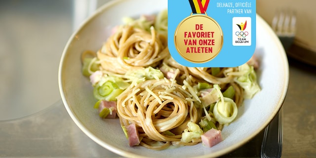 Volkorenspaghetti met ham en prei