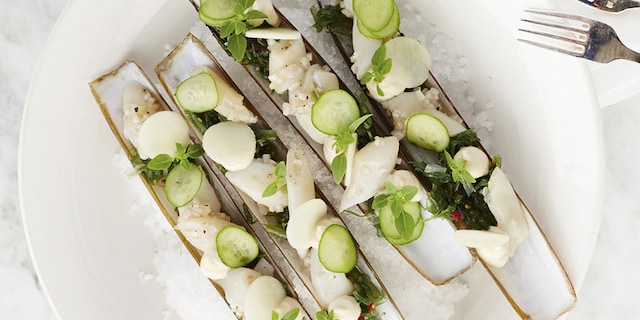 Scheermessen uit de Noordzee met komkommer, koolrabi en basilicum