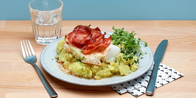 Kabeljauwhaasje met chorizo en preistoemp met olijfolie