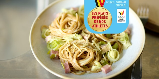 Spaghettis complets au jambon et aux poireaux