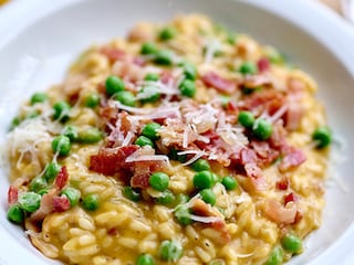 Risotto à la butternut, pancetta et petits pois