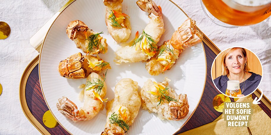 Tempura van langoustines met kimchi mayonaise met Tripel Karmeliet