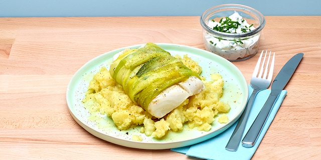 Skreirollades met prei en gepureerde aardappel