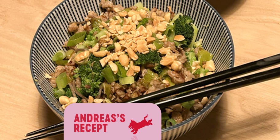 Noedels met varkensvlees, broccoli en tahinisaus