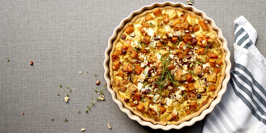Quiche met geitenkaas, pastinaak en butternut